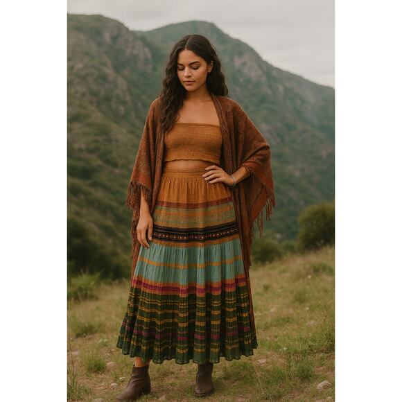 Coldwater Creek Tiered Maxi Broomstick Skirt PXL Multicolor Metallic Flowy Gypsy - Picture 1 of 14